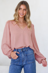 Ritual Top - V-Neck High Low Pull Over with Long Balloon Sleeves in Dusty Pink