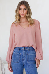 Ritual Top - V-Neck High Low Pull Over with Long Balloon Sleeves in Dusty Pink