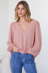Ritual Top - V-Neck High Low Pull Over with Long Balloon Sleeves in Dusty Pink