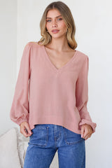 Ritual Top - V-Neck High Low Pull Over with Long Balloon Sleeves in Dusty Pink