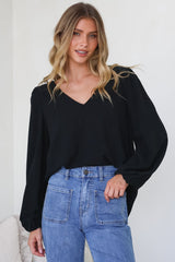 Ritual Top - V-Neck High Low Pull Over with Long Balloon Sleeves in Black