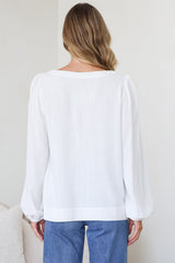 Ritual Top - V-Neck High Low Pull Over with Long Balloon Sleeves in White