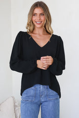 Ritual Top - V-Neck High Low Pull Over with Long Balloon Sleeves in Black