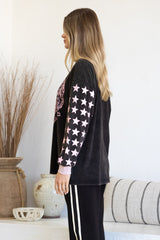 Rival Tiger Long Sleeve Tee - Crew Neck Contrast Stripe Graphic T-Shirt in Black Acid Wash