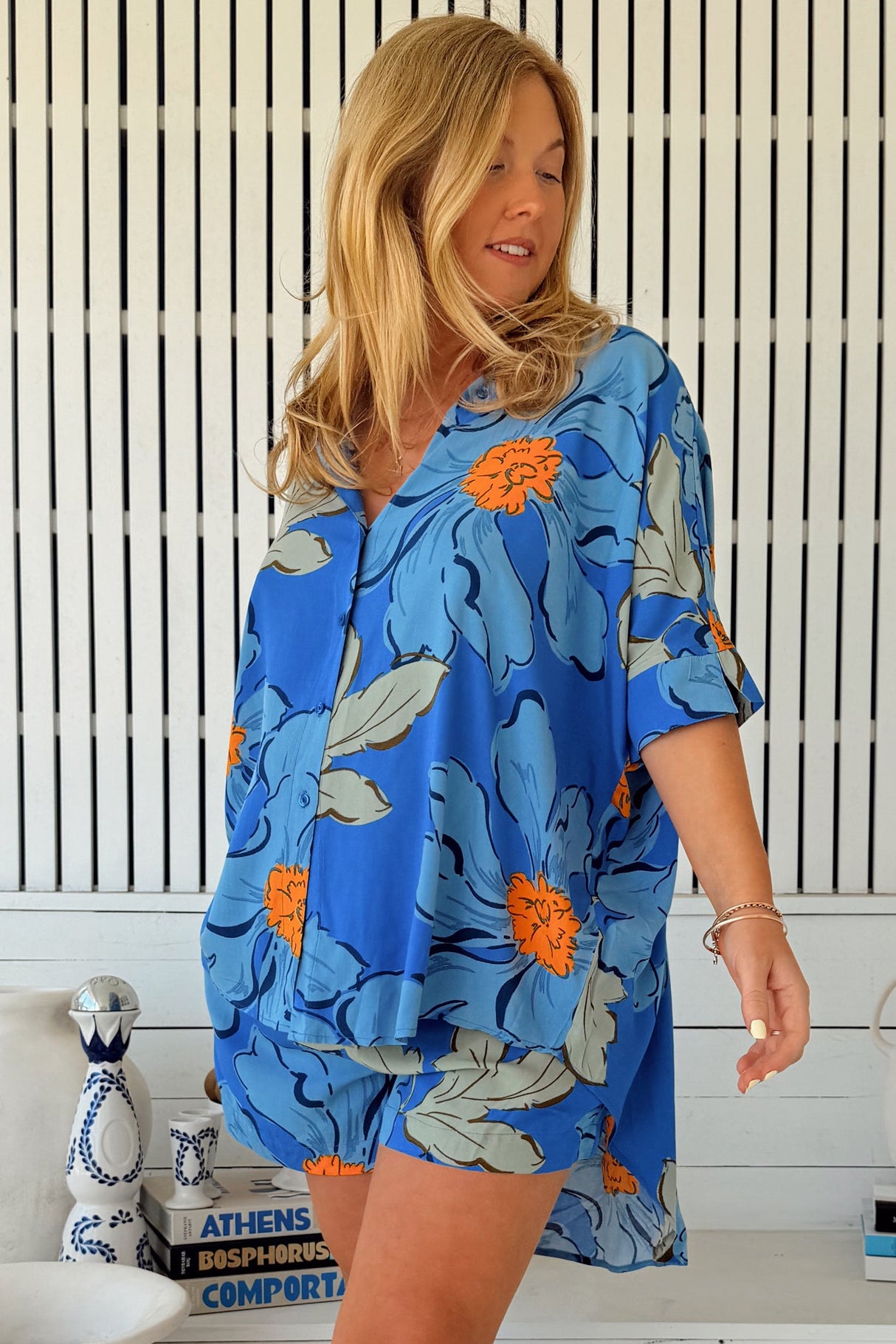 JAASE - River Shirt: Oversized Button Down Shirt with Scoop High-Low Hem in Blue Bell Print