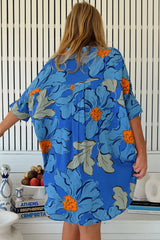 JAASE - River Shirt: Oversized Button Down Shirt with Scoop High-Low Hem in Blue Bell Print