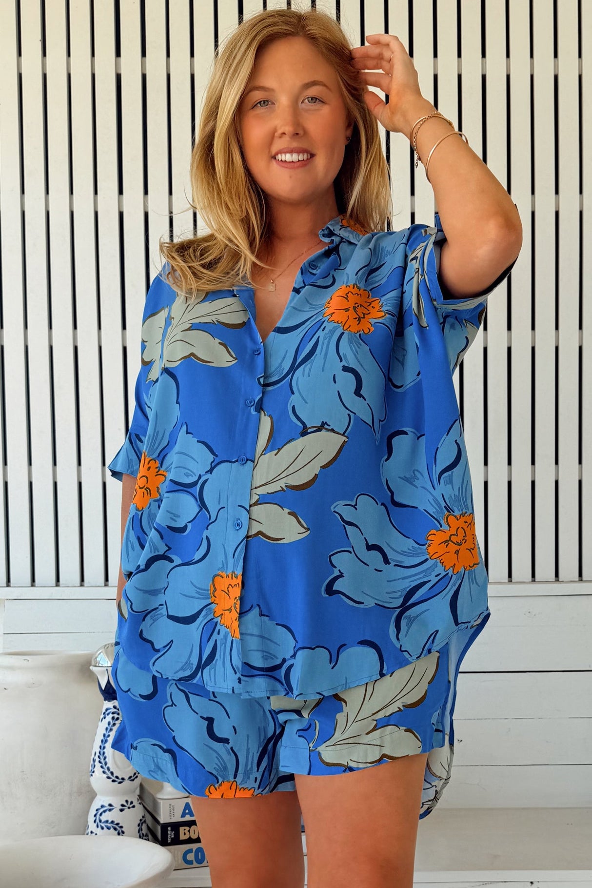 JAASE - River Shirt: Oversized Button Down Shirt with Scoop High-Low Hem in Blue Bell Print