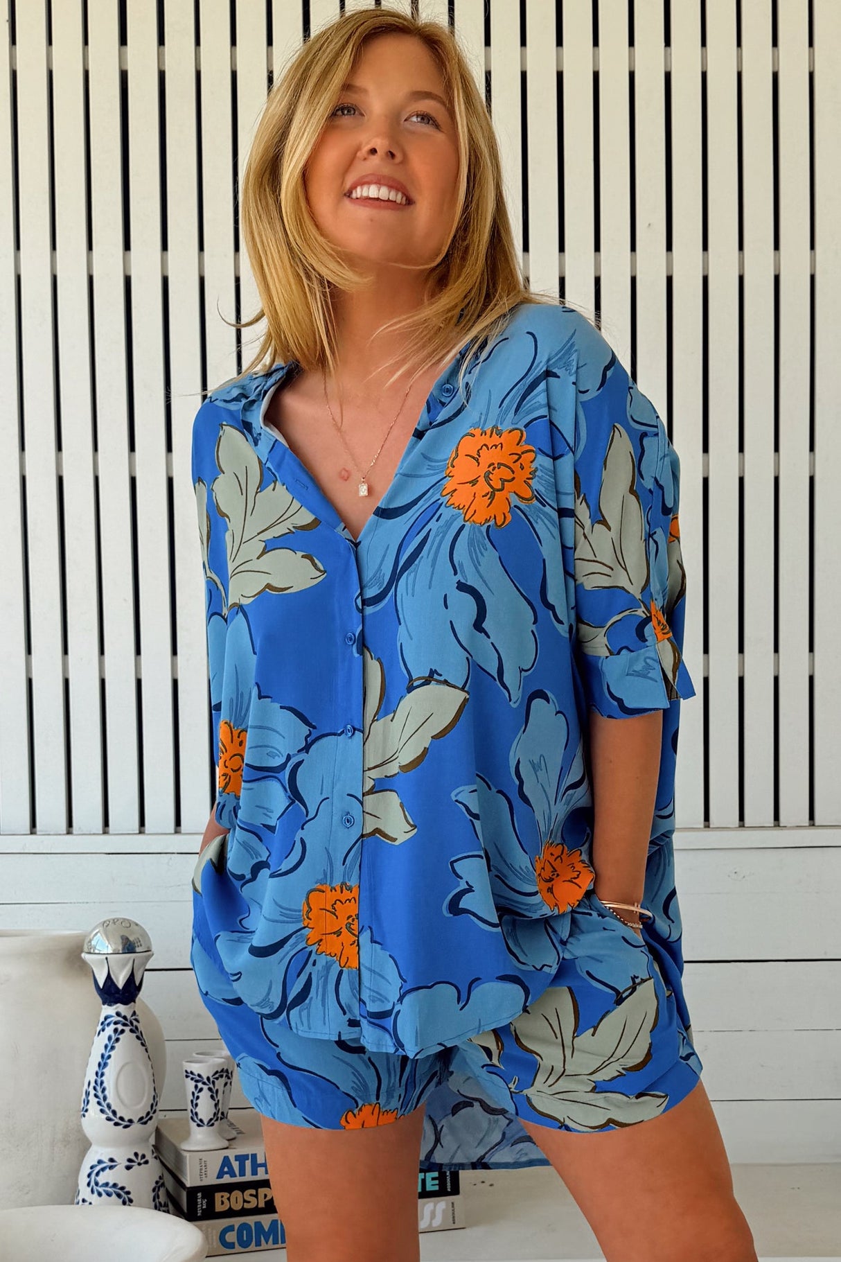 JAASE - Flora Shorts: Elasticated Waist Button Decal Shorts with Pockets in Blue Bell Print