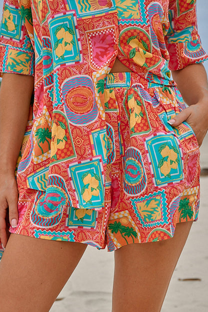 JAASE - Flora Shorts: Elasticated Waist Button Decal Shorts with Pockets in Sicily Print