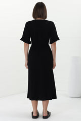 Rizelda Midi Dress - V Neck Button Through Dress with Bell Sleeves in Black