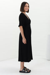 Rizelda Midi Dress - V Neck Button Through Dress with Bell Sleeves in Black