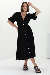 Rizelda Midi Dress - V Neck Button Through Dress with Bell Sleeves in Black