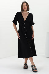 Rizelda Midi Dress - V Neck Button Through Dress with Bell Sleeves in Black