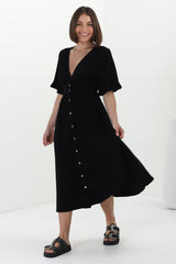 Rizelda Midi Dress - V Neck Button Through Dress with Bell Sleeves in Black