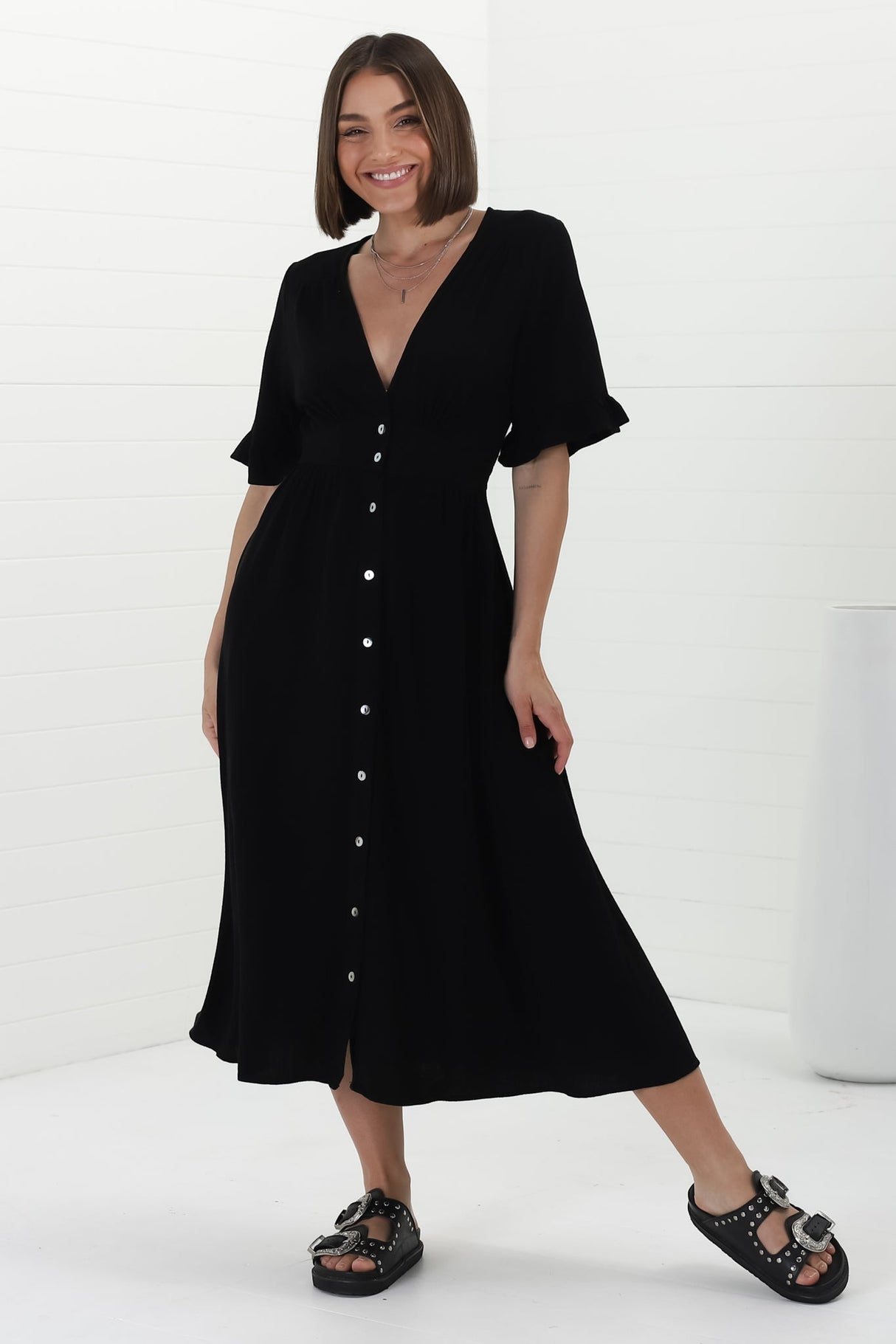 Rizelda Midi Dress - V Neck Button Through Dress with Bell Sleeves in Black