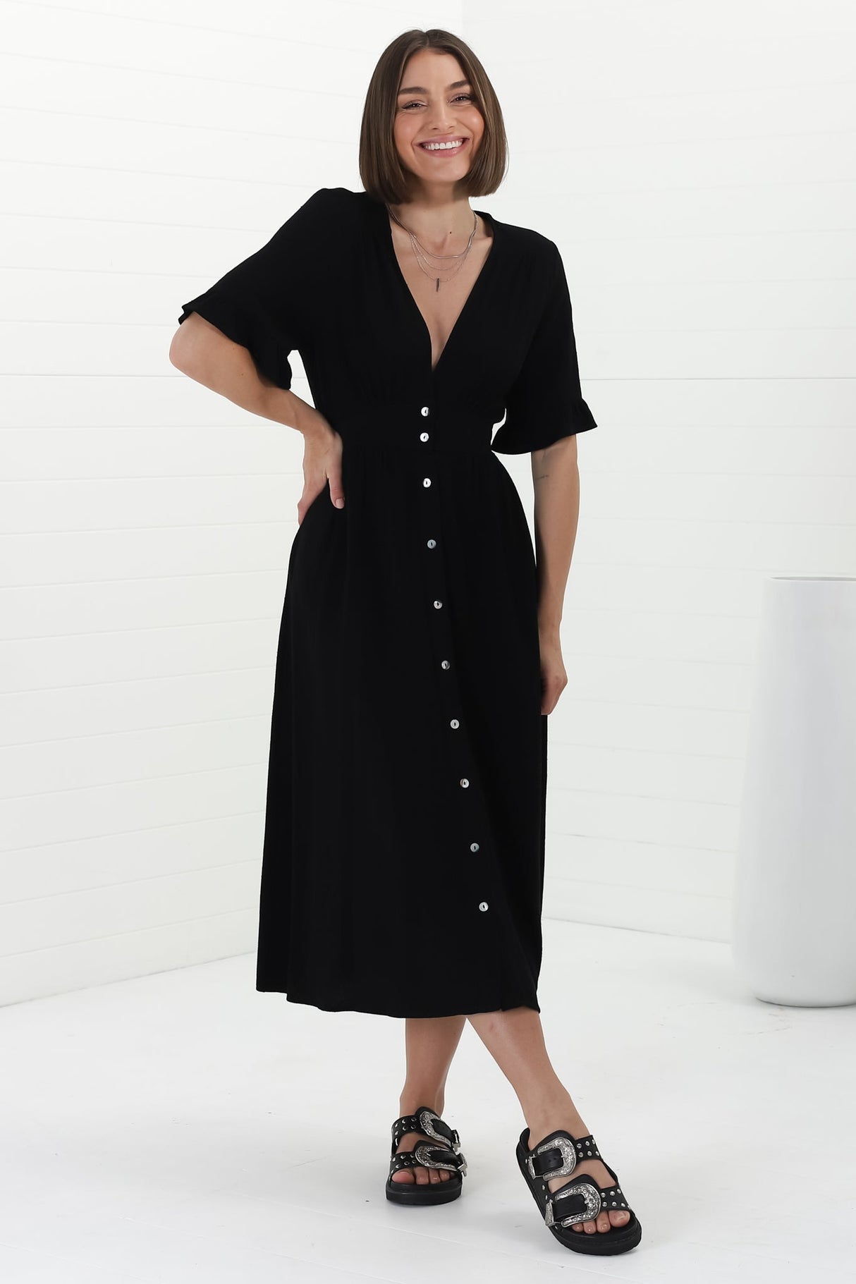 Rizelda Midi Dress - V Neck Button Through Dress with Bell Sleeves in Black