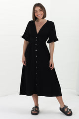 Rizelda Midi Dress - V Neck Button Through Dress with Bell Sleeves in Black