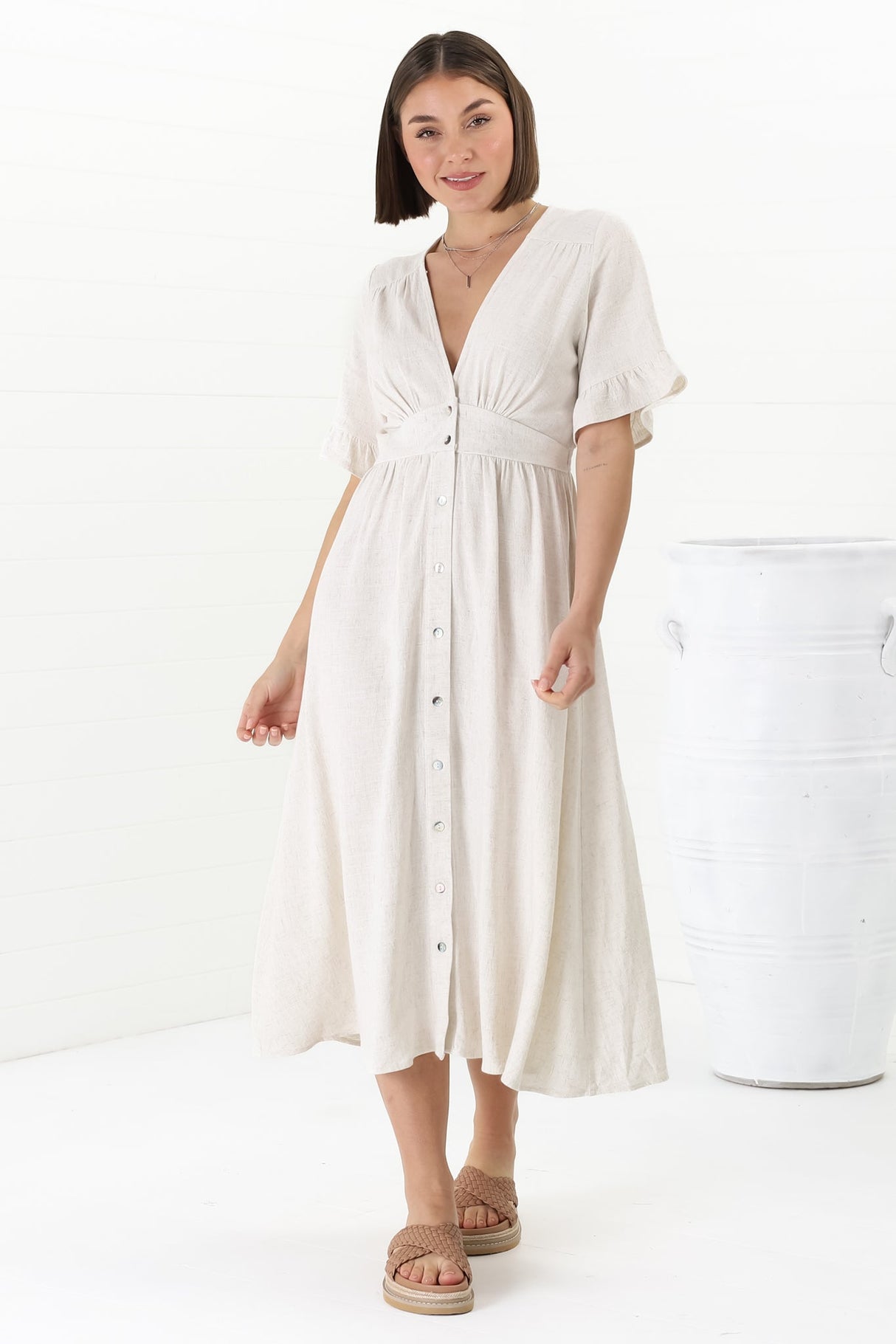 Rizelda Midi Dress - V Neck Button Through Dress with Bell Sleeves in Oat