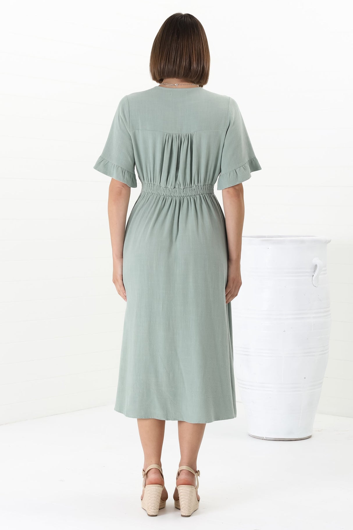 Rizelda Midi Dress - V Neck Button Through Dress with Bell Sleeves in Sage