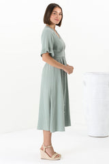 Rizelda Midi Dress - V Neck Button Through Dress with Bell Sleeves in Sage