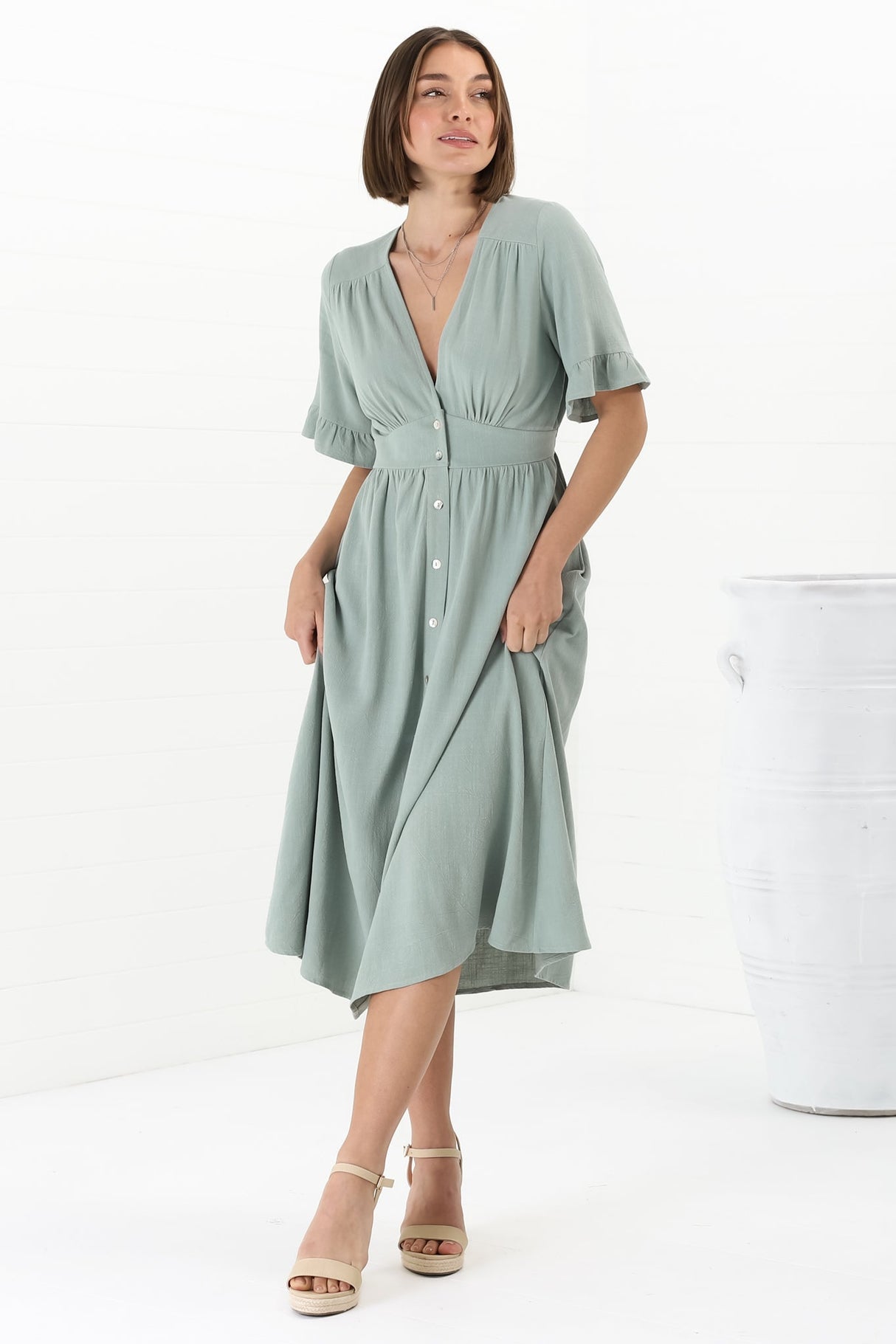 Rizelda Midi Dress - V Neck Button Through Dress with Bell Sleeves in Sage