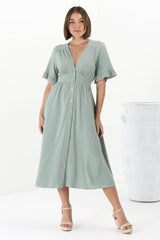 Rizelda Midi Dress - V Neck Button Through Dress with Bell Sleeves in Sage