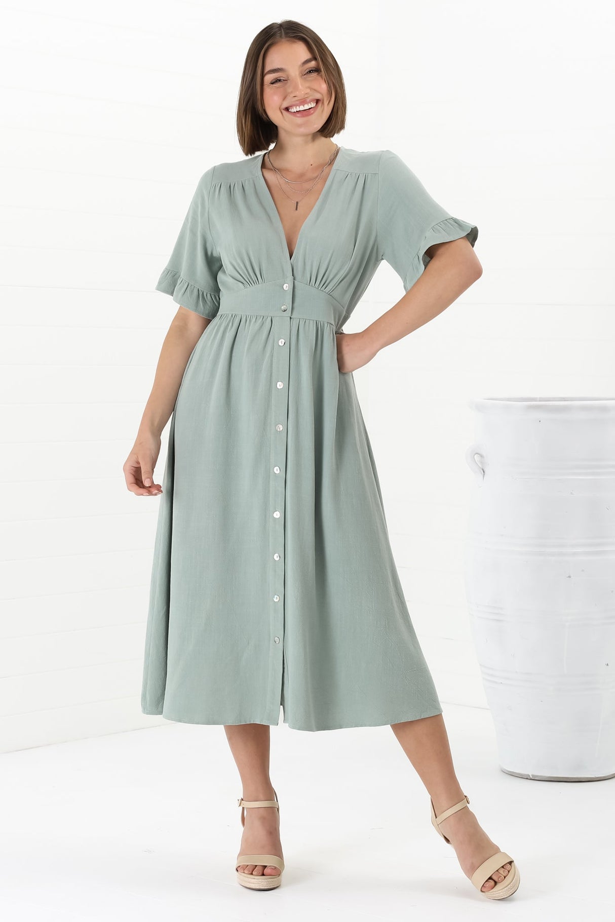 Rizelda Midi Dress - V Neck Button Through Dress with Bell Sleeves in Sage