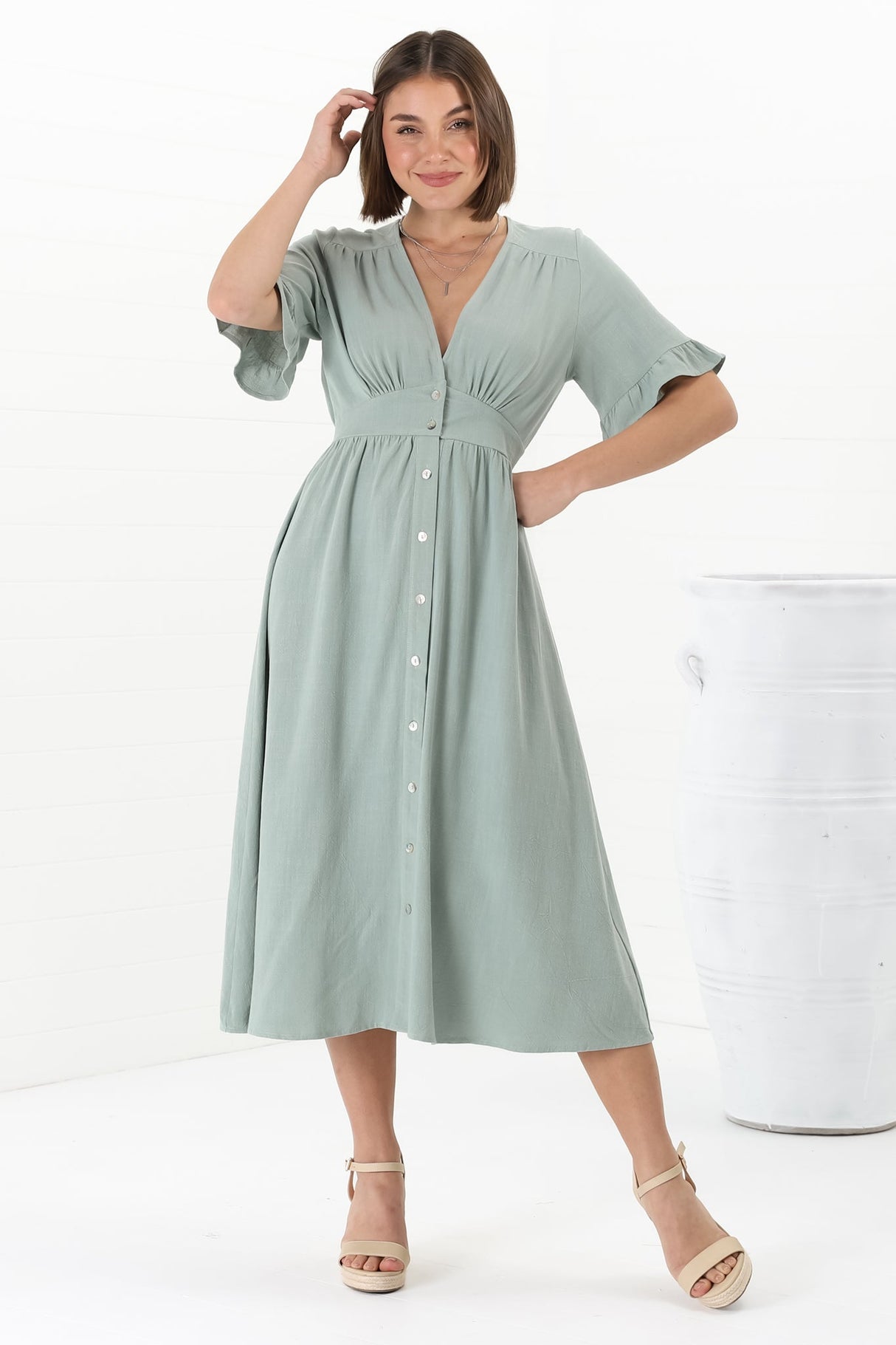 Rizelda Midi Dress - V Neck Button Through Dress with Bell Sleeves in Sage