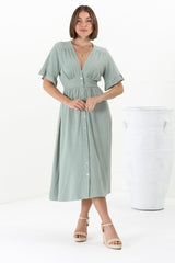 Rizelda Midi Dress - V Neck Button Through Dress with Bell Sleeves in Sage