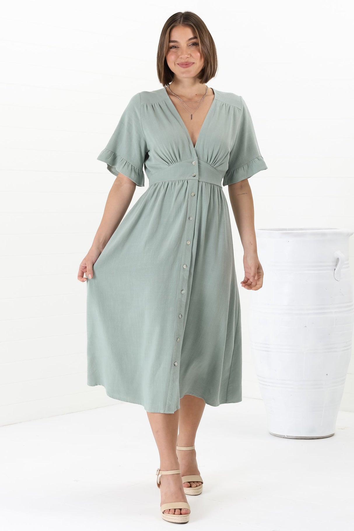 Rizelda Midi Dress - V Neck Button Through Dress with Bell Sleeves in Sage