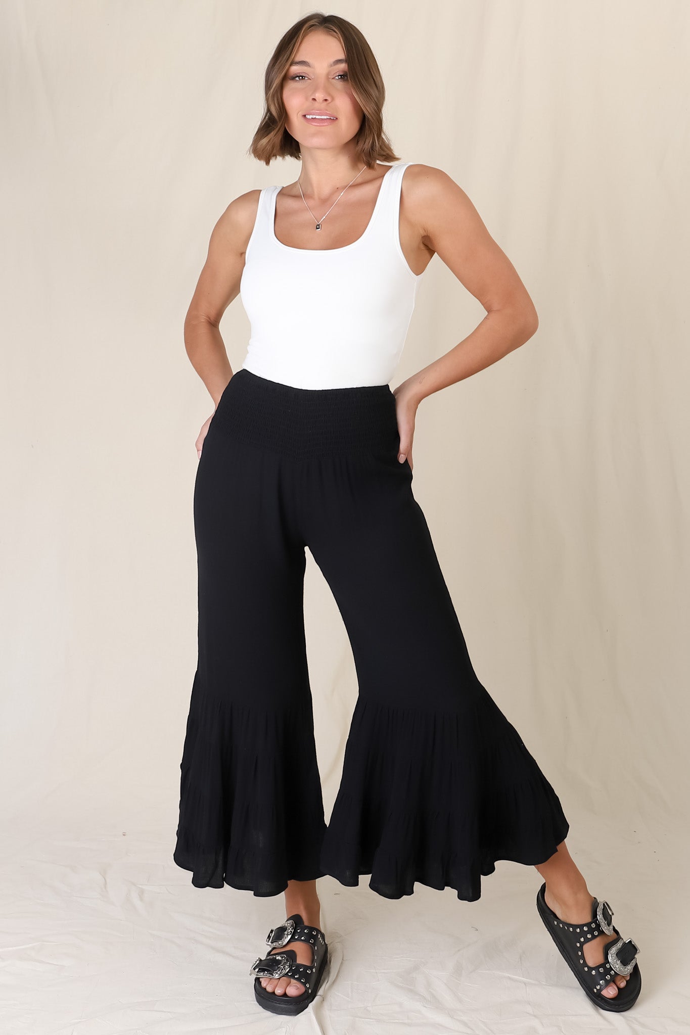 Rizzo Pants - Flare Tiered Cropped Pants in Black