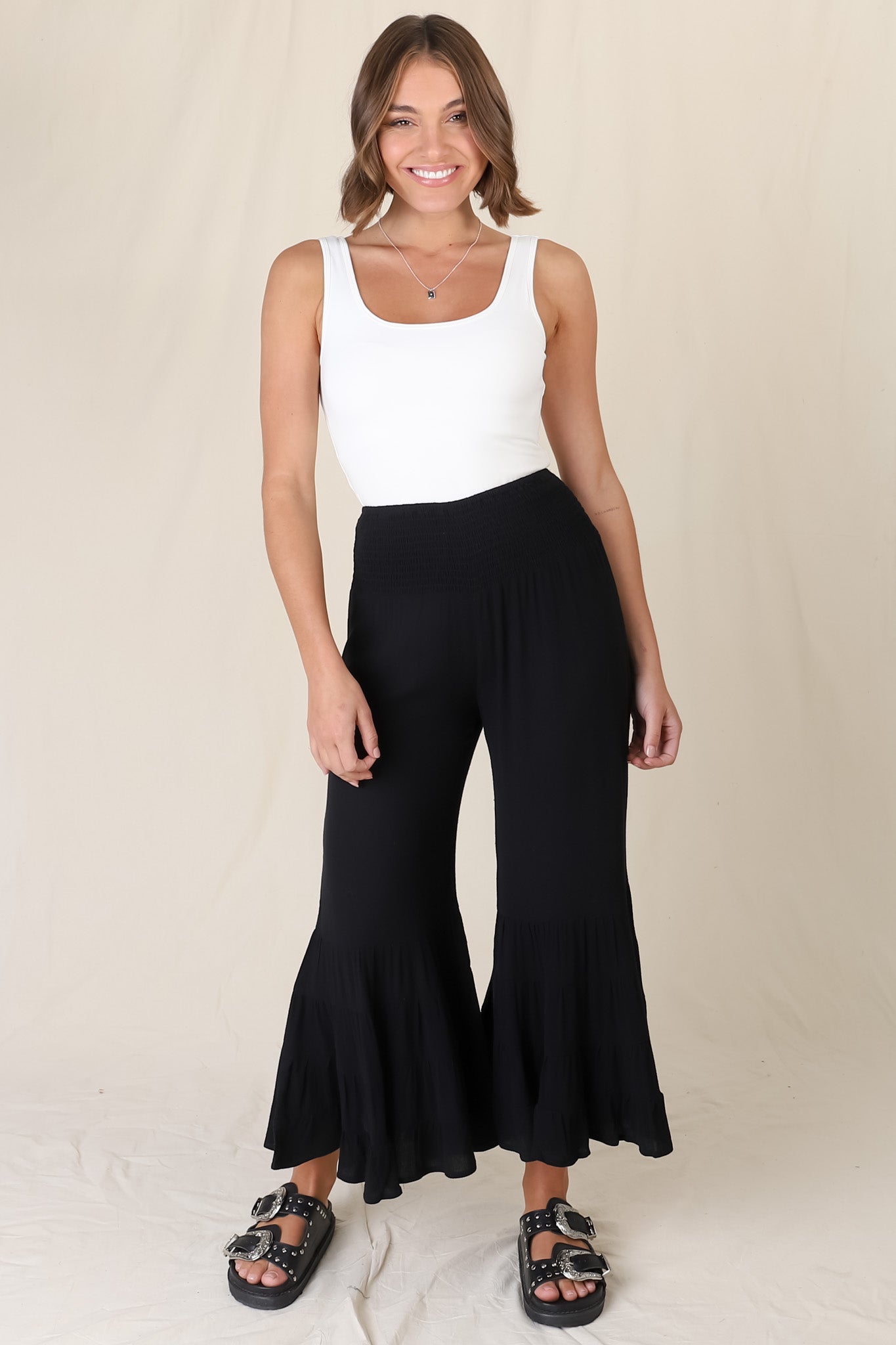 Rizzo Pants - Flare Tiered Cropped Pants in Black