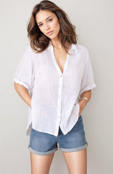 Shelly Shirt - Linen Collared Button Down Shirt in White