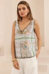 Roami Top - Sleeveless V-Neck Top with Contrast Trim and Bead Decal in Tala Dune Print