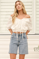 Robbie Denim Shorts - High Waisted Long Straight Leg Shorts in Light Denim