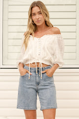 Robbie Denim Shorts - High Waisted Long Straight Leg Shorts in Light Denim
