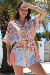 Robina Playsuit - Collared Button Down Front with Detatchable Waist Tie in Haze Print