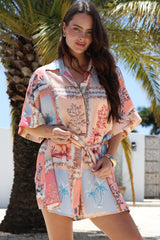 Robina Playsuit - Collared Button Down Front with Detatchable Waist Tie in Haze Print