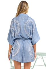 Robina Playsuit - Collared Button Down Front with Detatchable Waist Tie in Moana Print