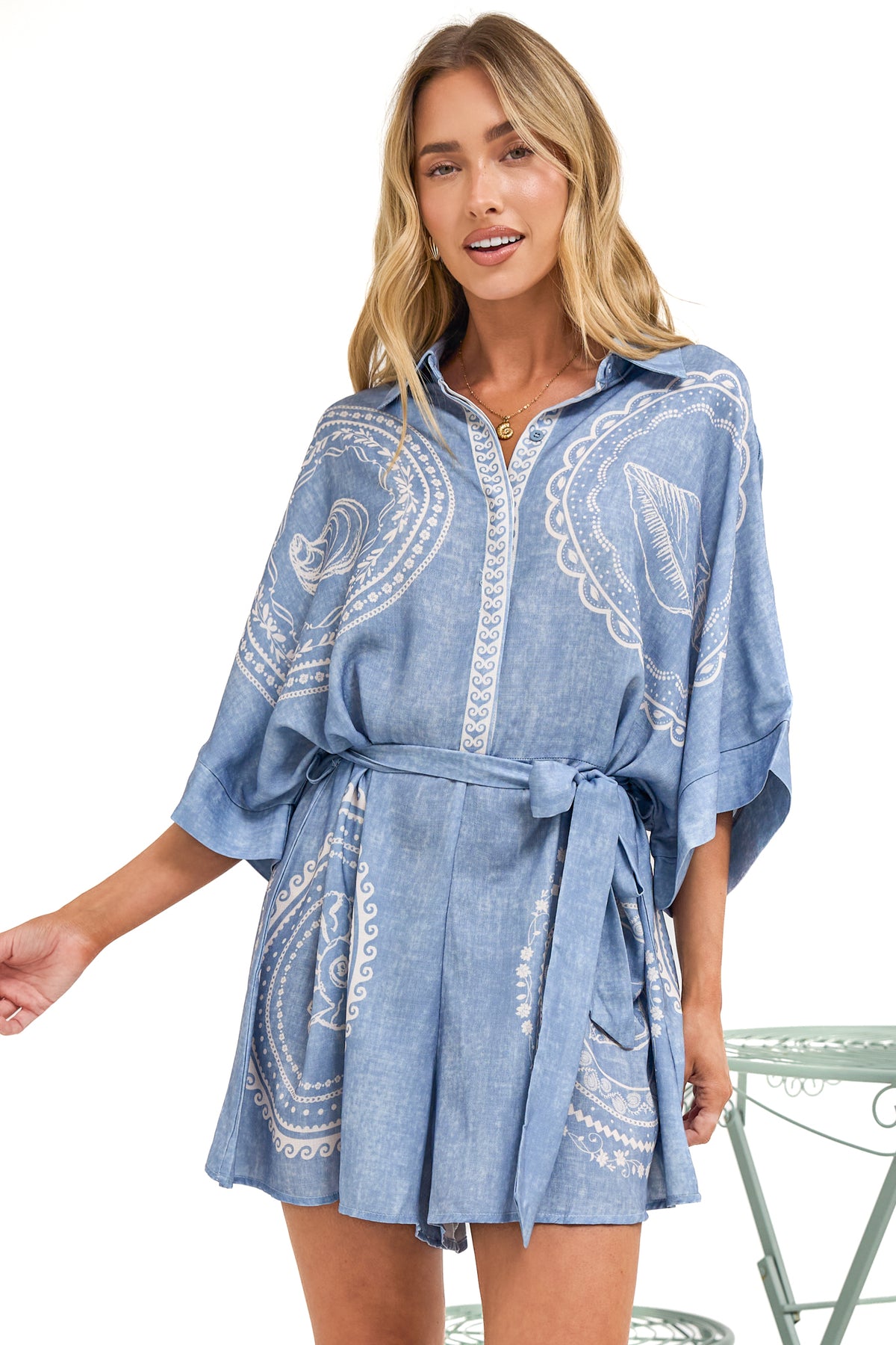 Robina Playsuit - Collared Button Down Front with Detatchable Waist Tie in Moana Print