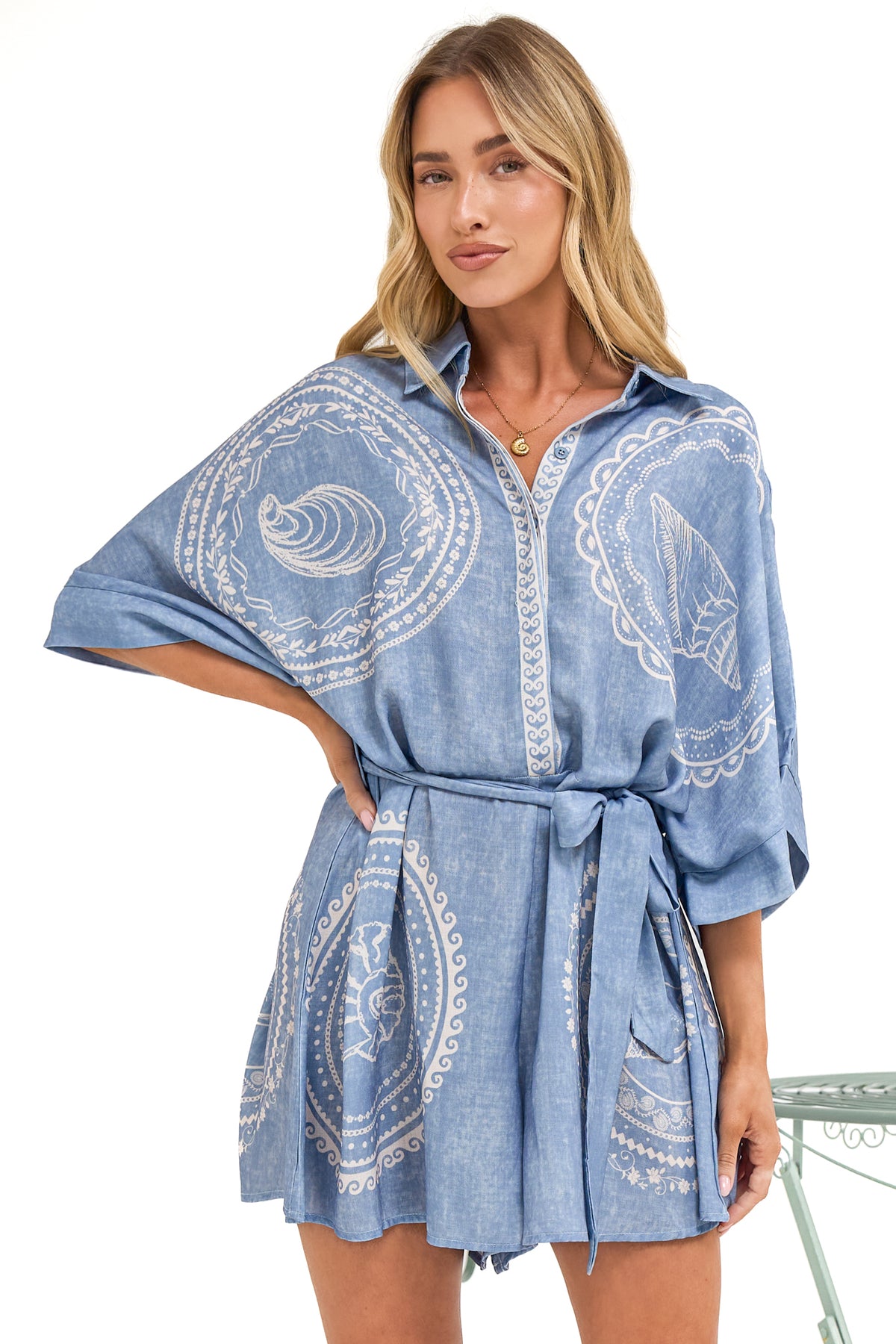 Robina Playsuit - Collared Button Down Front with Detatchable Waist Tie in Moana Print