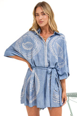 Robina Playsuit - Collared Button Down Front with Detatchable Waist Tie in Moana Print