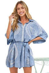 Robina Playsuit - Collared Button Down Front with Detatchable Waist Tie in Moana Print