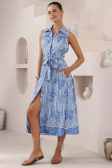 Robinson Midi Dress - Sleeveless Buttoned Down Shirt Dress with Belt in Keller Print