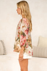 Rochelle Blouse - Mandarin Collar Button Down with Balloon Sleeves in Jovie Print