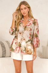 Rochelle Blouse - Mandarin Collar Button Down with Balloon Sleeves in Jovie Print