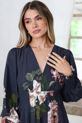 Romaine Midi Dress - V Neck Balloon Sleeve Dress with Shirred Elasticated Cuffs in Mika Print Navy