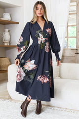 Romaine Midi Dress - V Neck Balloon Sleeve Dress with Shirred Elasticated Cuffs in Mika Print Navy
