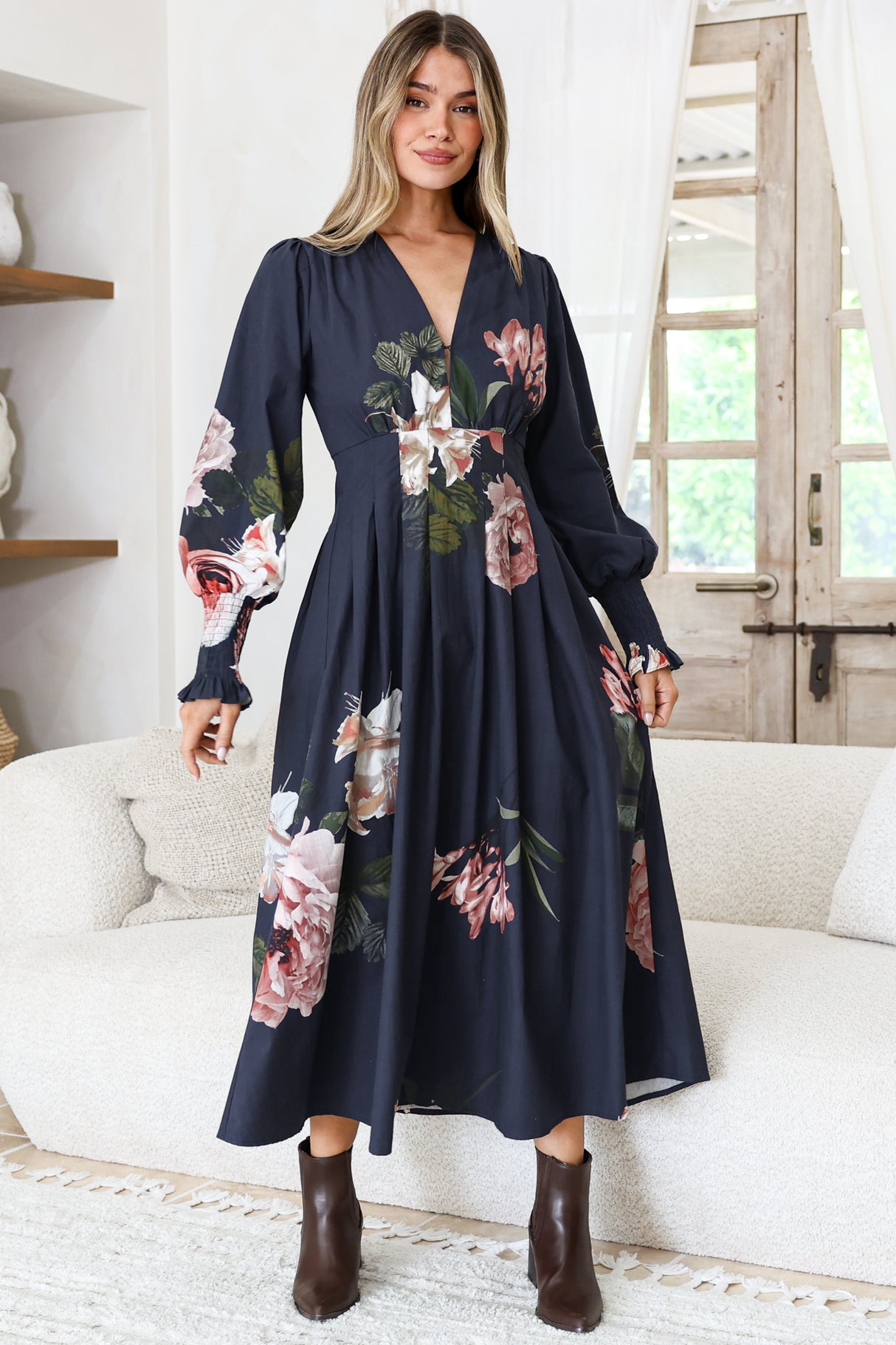 Romaine Midi Dress - V Neck Balloon Sleeve Dress with Shirred Elasticated Cuffs in Mika Print Navy
