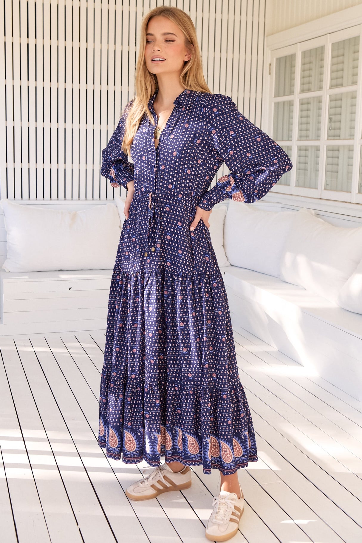 JAASE - Romee Maxi Dress: Tiered Dress with Pull Tie Waist in the Alaska Print